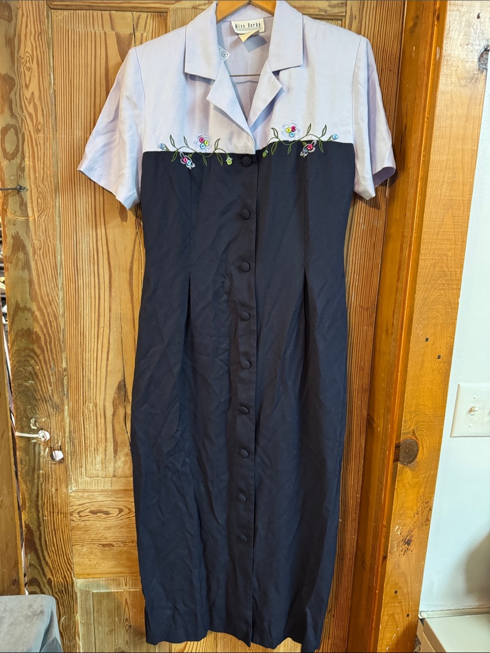 Vintage-Miss Dorby 14 Two-Tone Midi Dress with Embroidered Yoke lilac and navy